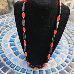Napier Black Red Lucite Goldtone Beaded Necklace